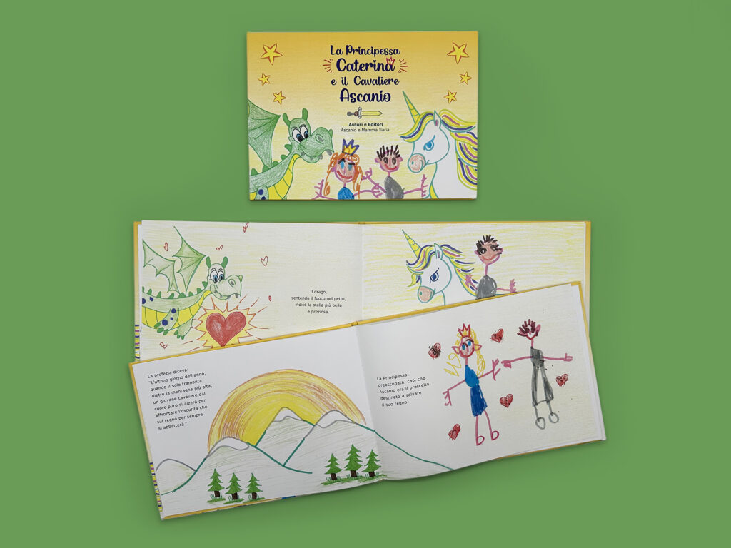 Libro fiabesco per bambini con copertina cartonata rilegato a filo refe