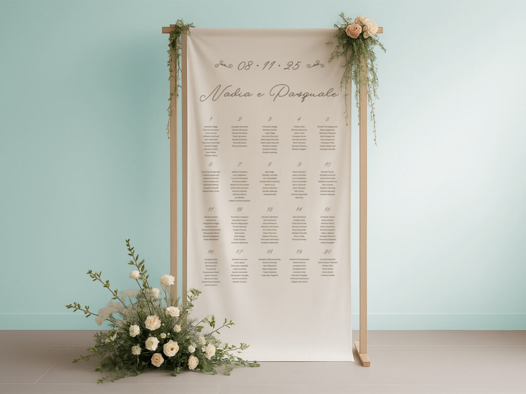 Tableau mariage stampato su tessuto per cerimonie e matrimoni.