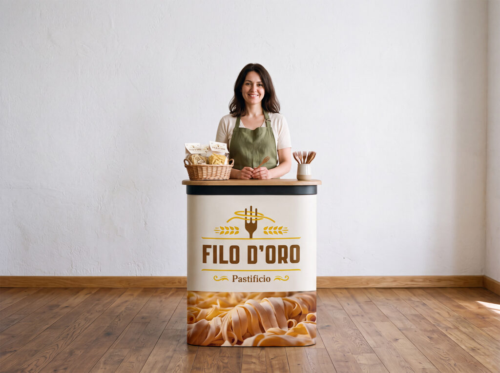 Banchetto espositivo personalizzato per fiere agroalimentari