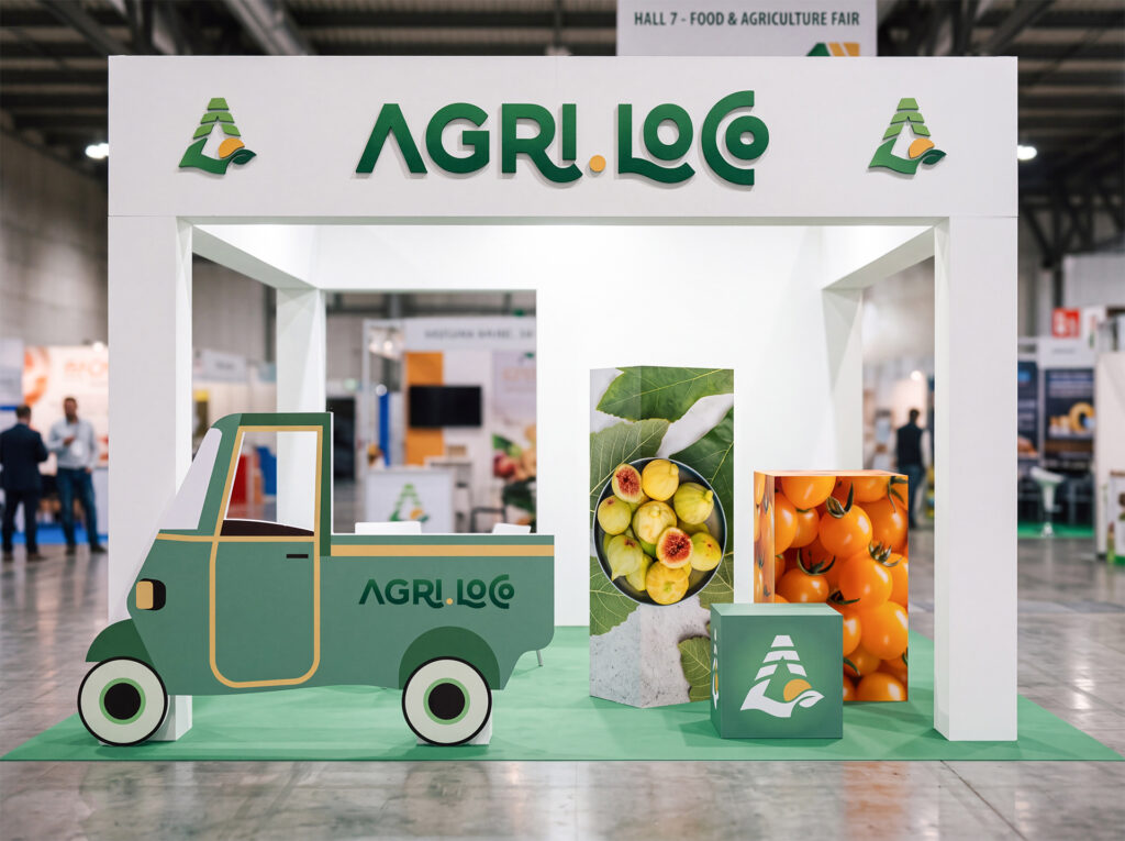 Stand agroalimentare con allestimento con pannelli, parallelepipedi e logo a rilievo